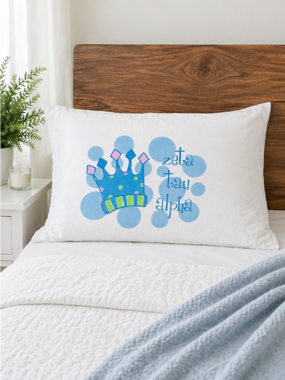 Zeta Tau Alpha sorority white blue crown print queen size pillowcase